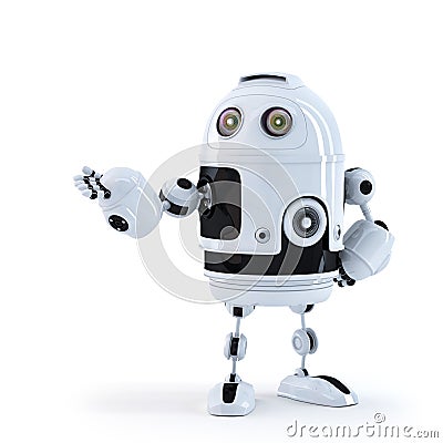 Android robot presenting an invisible object. Stock Photo