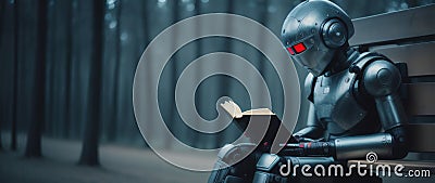 Android robot reads a book, AI generative Stock Photo