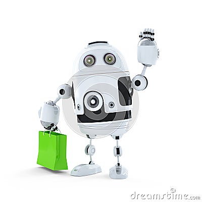 Android robot with shopping bag. Isolated on white background Stock Photo