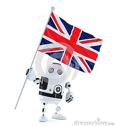 Android Robot standing with flag of UK. Isolated over white Stock Photo