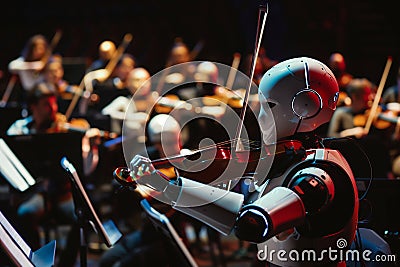 Android robot violinists playing in a violin string section Stock Photo