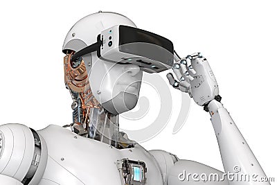 Android robot wearing vr headset Stock Photo