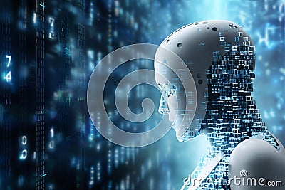 android robot works with computer and data against background of abstract digital space with holographic elements and lights, Stock Photo