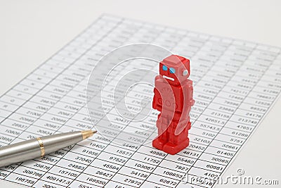 Android robots or artificial intelligence and numbers are written documents on white background. Stock Photo