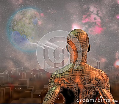 Android before smog filled city and tearraformed moon in sky Stock Photo