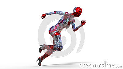 Android woman running, female cyborg in armor isolated on white background, sci-fi girl, 3D render Stock Photo