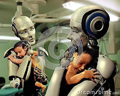 Androids taking care of babies Stock Photo