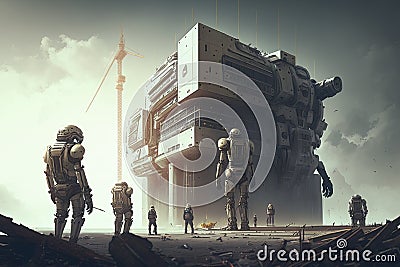 androids carrying out construction work on a futuristic building Stock Photo