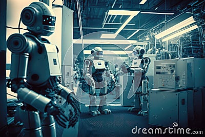 androids working in futuristic and high-tech factory, building other androids of the future Stock Photo