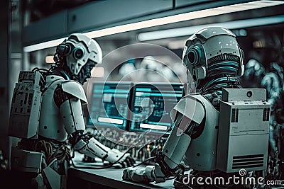 androids working in futuristic and high-tech factory, building other androids of the future Stock Photo