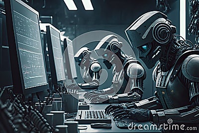 androids working in futuristic and high-tech factory, building other androids of the future Stock Photo