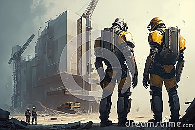 androids working together on construction site, building towering structures Stock Photo