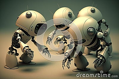 androids working together to accomplish a task, with one robot directing the others Stock Photo