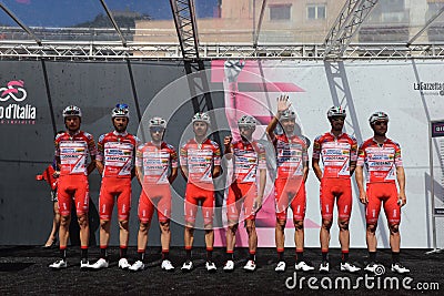 Androni Sidermec on the podium of the sixth stage of the 102th Tour of Italy Cassino-San Giovanni Editorial Stock Photo