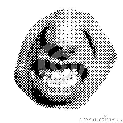 Andry mouth open with teeth isolated halftone black white dots texture bitmap retro vintage style collage element for Stock Photo