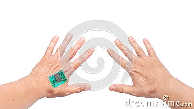 Ands with a microprocessor chip implanted in wrist. Stock Photo