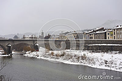 Anduze under the snow, small town in south-eastern France Editorial Stock Photo