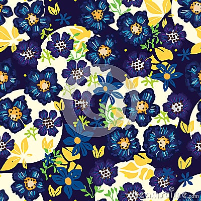 Anemone blue flower dark seamless pattern Vector Illustration