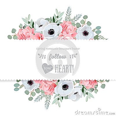 Anemone, rose, pink flowers and decorative eucaliptus leaves vector mirrored design card. Vector Illustration