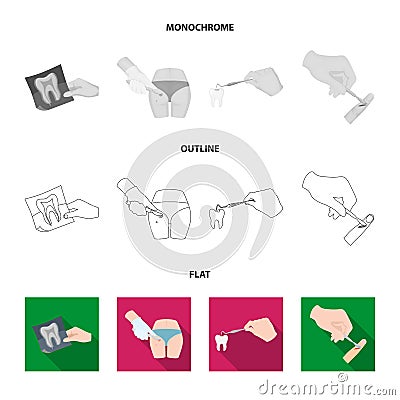 Anesthetic injection, dental instrument, hand manipulation, tooth cleaning and other web icon in flat,outline,monochrome Vector Illustration