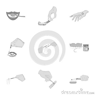 Anesthetic injection, examination of the tooth and other web icon in monochrome style. wound treatment, vision check Vector Illustration