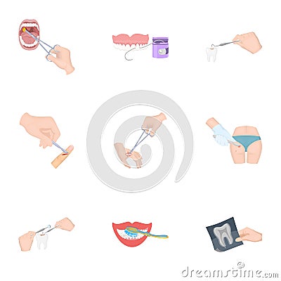 Anesthetic injection, examination of the tooth and other web icon in cartoon style. wound treatment, vision check icons Vector Illustration