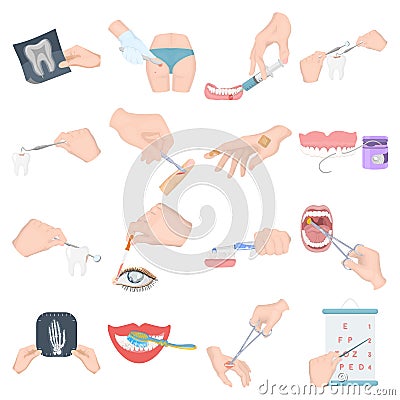 Anesthetic injection, examination of the tooth and other web icon in cartoon style. wound treatment, vision check icons Vector Illustration