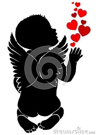 Angel baby with red hearts. Vector Illustration