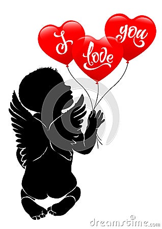 Angel baby and three red balloon I love you Vector Illustration