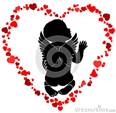 Angel baby with wings in red hearts Vector Illustration