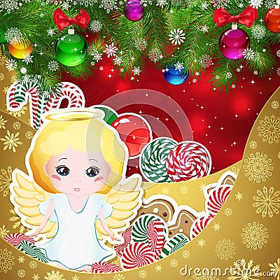 Angel on the background of sweets, decorated Christmas balls branches. Vector Illustration