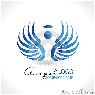 Angel with blue wings and halo sketch logo Vector Illustration