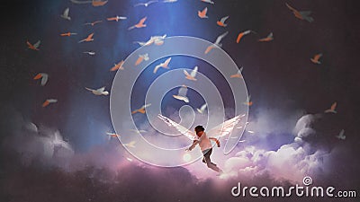 Angel boy playing a glowing ball Cartoon Illustration