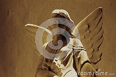 Angel Carved in Stone Statue in Cemetery Religious Worship Heaven Old Weathered Paper Texture Stock Photo