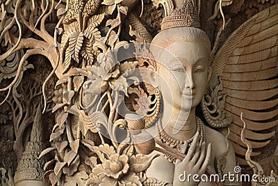 Angel Carved wood Thai style Stock Photo