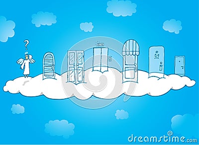 Angel choosing which heaven door to knock Vector Illustration