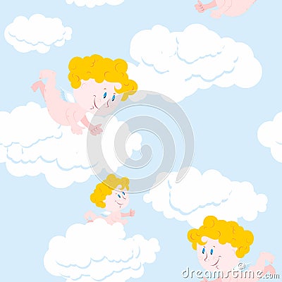 Angel and clouds seamless pattern. Cute little Holy babe. Vector Illustration