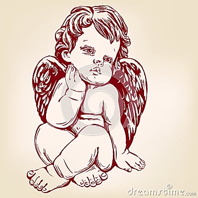 Angel or cupid, little baby greeting card hand drawn vector illustration realistic sketch Vector Illustration