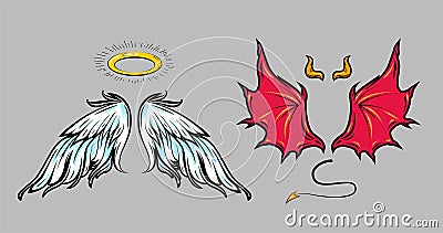 Angel and demon cartoon comic style attribute elements Vector Illustration