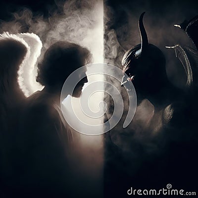 An angel and a demon face to face. Good and evil concept Stock Photo