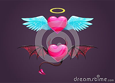 Angel and devil cartoon hearts. Love concept icons Vector Illustration