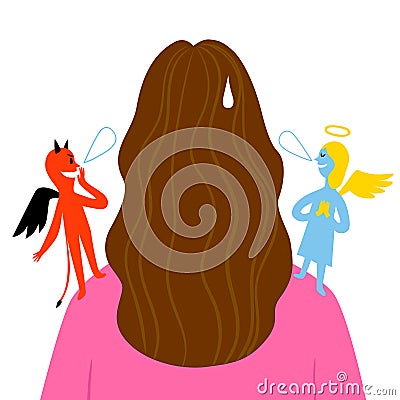 Angel and devil on whispering on a woman`s shoulders Cartoon Illustration