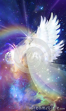 Angel touch, divine intervention, synchronicity, giving blessings, watching over Earth planet in space, orbit, earth healing Stock Photo