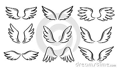 Angel doodle wing set. Hand drawn Vector Illustration