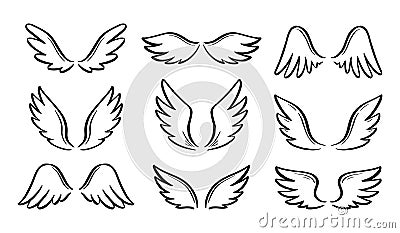 Angel doodle wing set. Hand drawn Vector Illustration