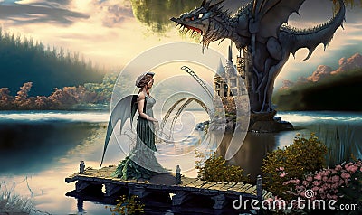 angel with dragon on lake Stock Photo