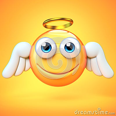Angel emoji isolated on yellow background, emoticon with wings and halo 3d rendering Cartoon Illustration
