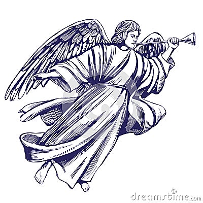 Angel flies and plays the trumpet , religious symbol of Christianity hand drawn vector illustration sketch Vector Illustration