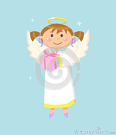 Angel with Gift Box, Christmas or Valentine Day Vector Illustration
