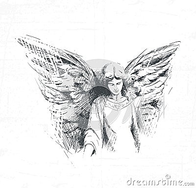 Angel girl looks down, performed in a vintage style. Vector Illustration